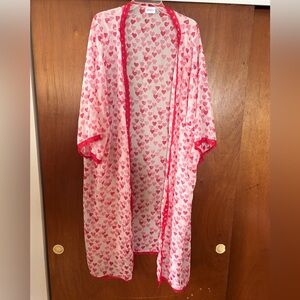 LuLaRoe Pink and Red Heart Kimono with Lace trim